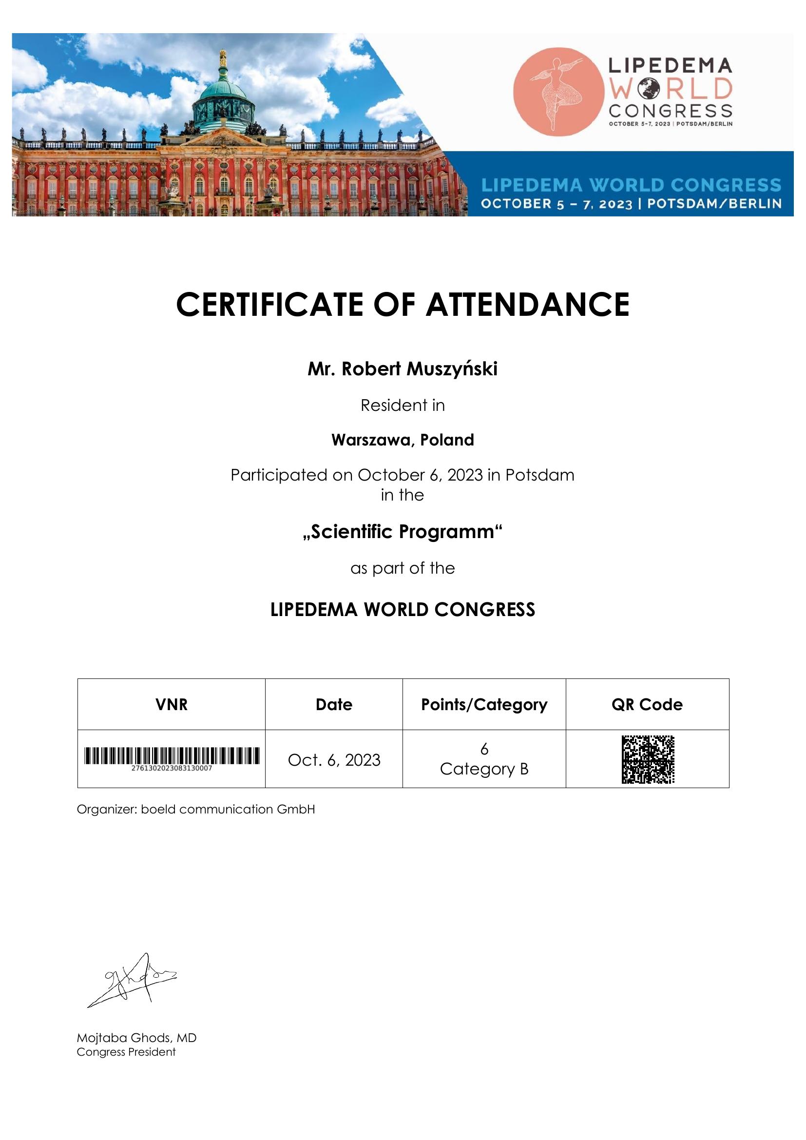 Certyfikat Lipedema World Congress 2023 dzień 2